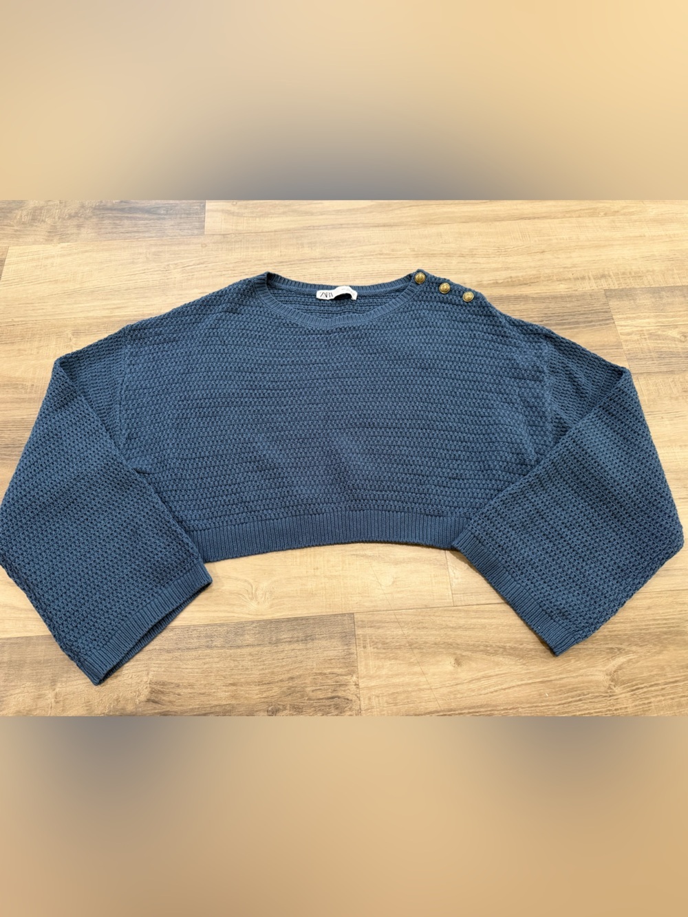 Zara Slate Blue Knit Crewneck Sweater with Shoulder Buttons